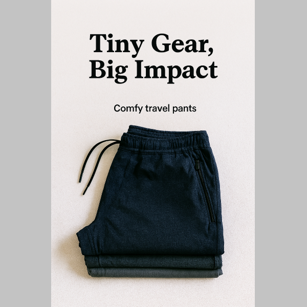 Folded navy blue travel pants with zippered pocket and drawstring waistband on a white background