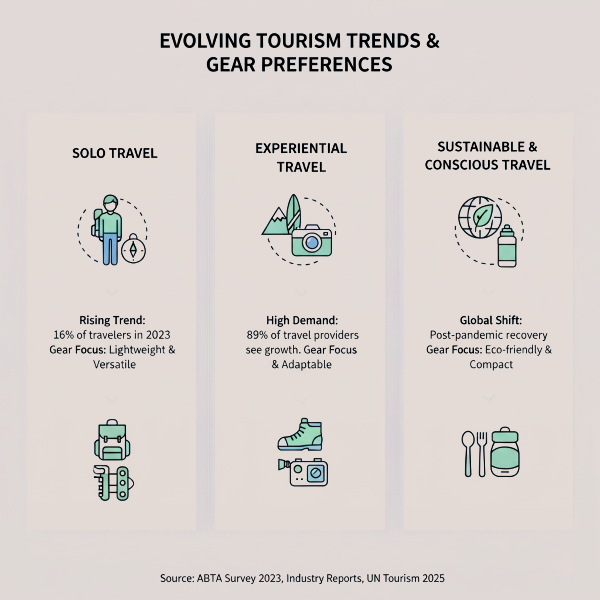 Evolving tourism trends and gear preferences Infographic highlighting three evolving tourism trends—solo travel, experiential travel, and sustainable travel—with icons and text describing the gear preferences for each.