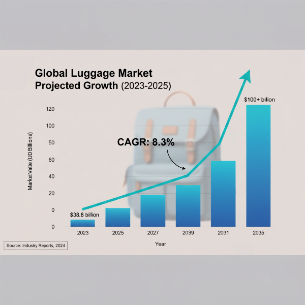 Bar chart showing the projected growth of the global luggage market from $38.8 billion in 2023 to over $100 billion by 2035, with a CAGR of 8.3%.
