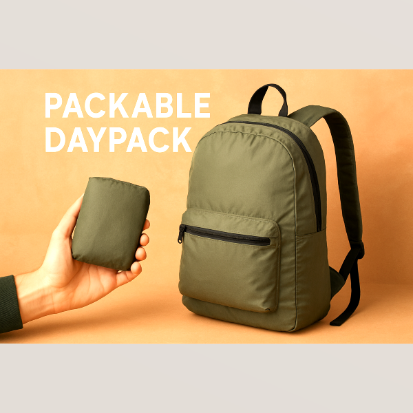 A person's hand holding a folded, compact, olive green packable daypack next to the full-size backpack.