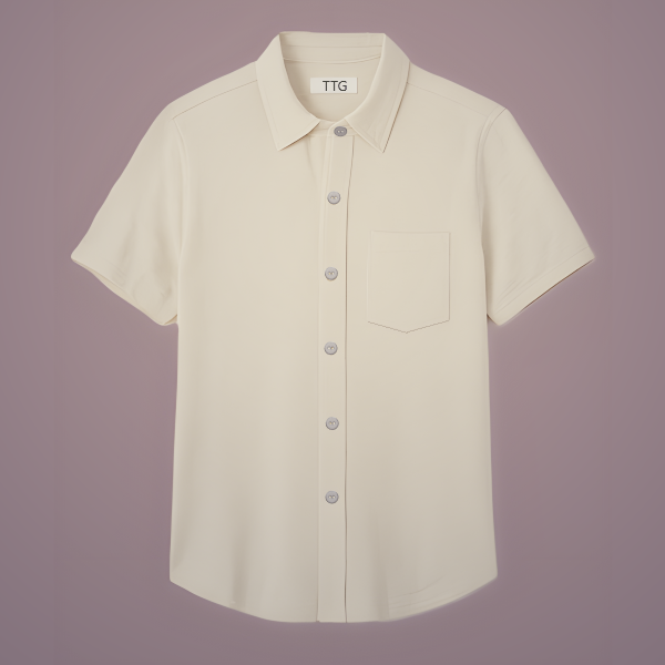 Short-sleeved light beige button-down shirt with chest pocket, displayed against a neutral background.