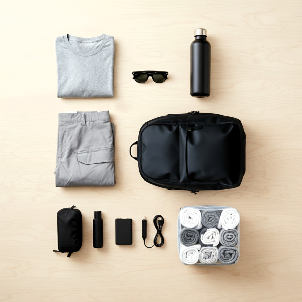 A minimalist packing list on a light wood background, featuring a packed daypack, folded clothes, a water bottle, a travel journal, and a phone.