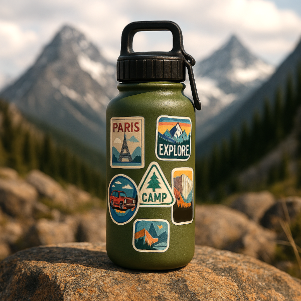 Green water bottle with travel stickers on a rock in front of snow-covered mountains and forested valley