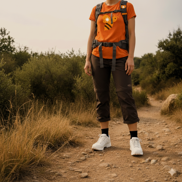 A female hiker wearing an orange t-shirt with a bee logo (Tiny Travel Gear branding), brown convertible hiking pants, black socks, and white hiking shoes. She is standing on a dirt trail with dry grass and green bushes in the background. She also has a grey hiking backpack.