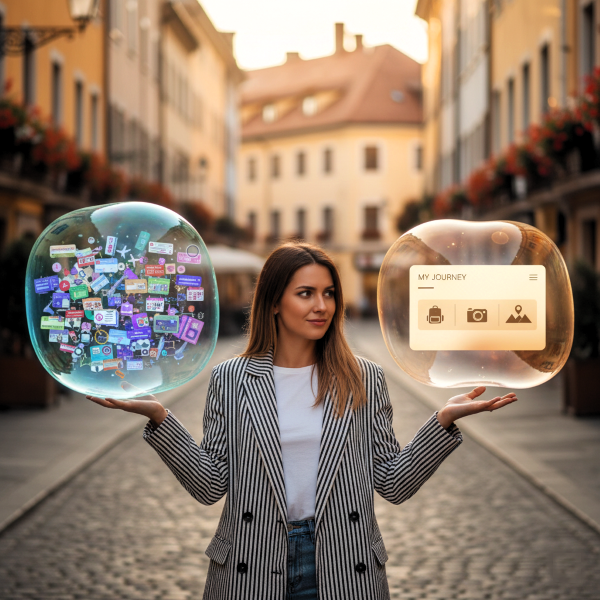 A stylish female travel influencer holds two glowing thought bubbles. The left bubble is chaotic with overwhelming digital travel options (representing personalization gone wrong), while the right bubble shows a clear, minimalist travel plan (representing intentional UX). She looks from confusion to relief in a picturesque European street.