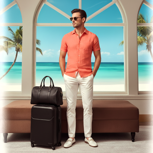 Stylish male influencer in an orange linen shirt and white pants, wearing sunglasses, posing with luggage in front of a window overlooking a tropical beach