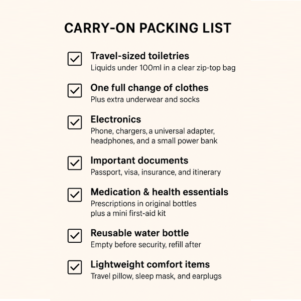 Minimalist infographic checklist showing the ultimate carry-on packing list for long trips, including toiletries, clothing, electronics, documents, health items, and travel essentials.