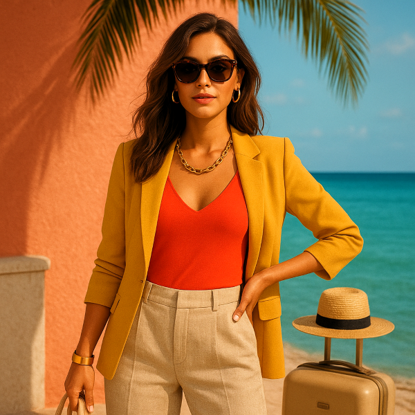 Stylish influencer posing on a sunlit beachfront with a straw hat and luggage, wearing a coral top and mustard blazer — luxury vacation fashion